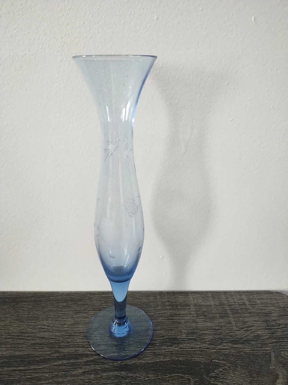 Vintage Tall Delicate Blue Etched Glass Vase